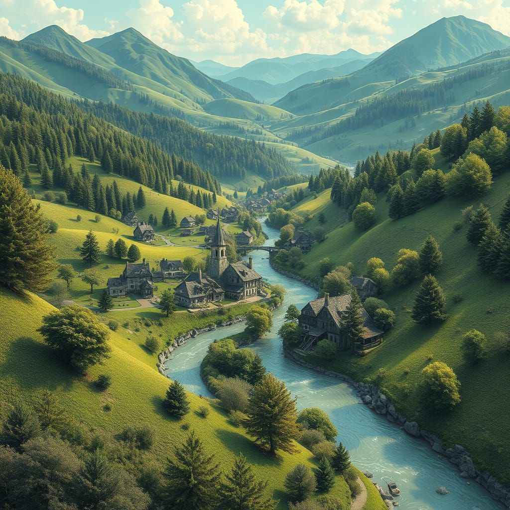 Futuristic Village Amidst Vibrant Fractals