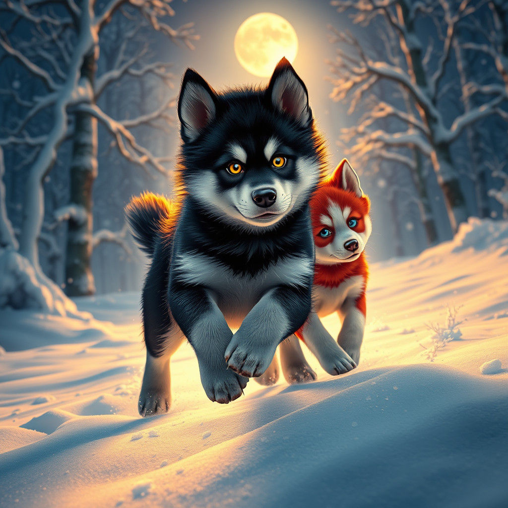 Husky Pups Play in Winter Wonderland
