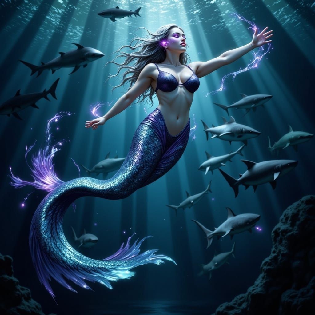 Curvy Mermaid Commanding Ocean Depths in Dark Fantasy Style
