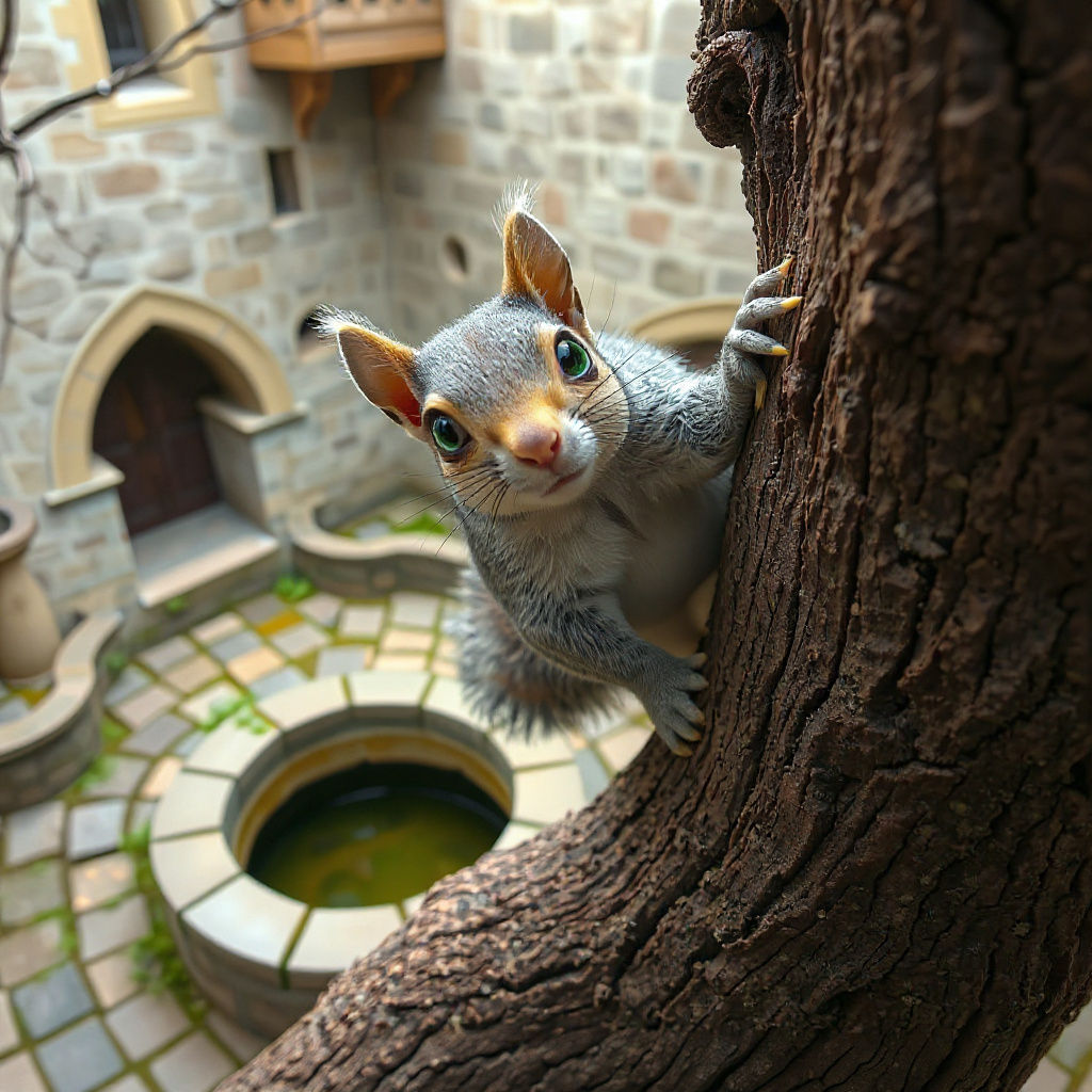 Mischievous Squirrel in Medieval Courtyard Fantasy