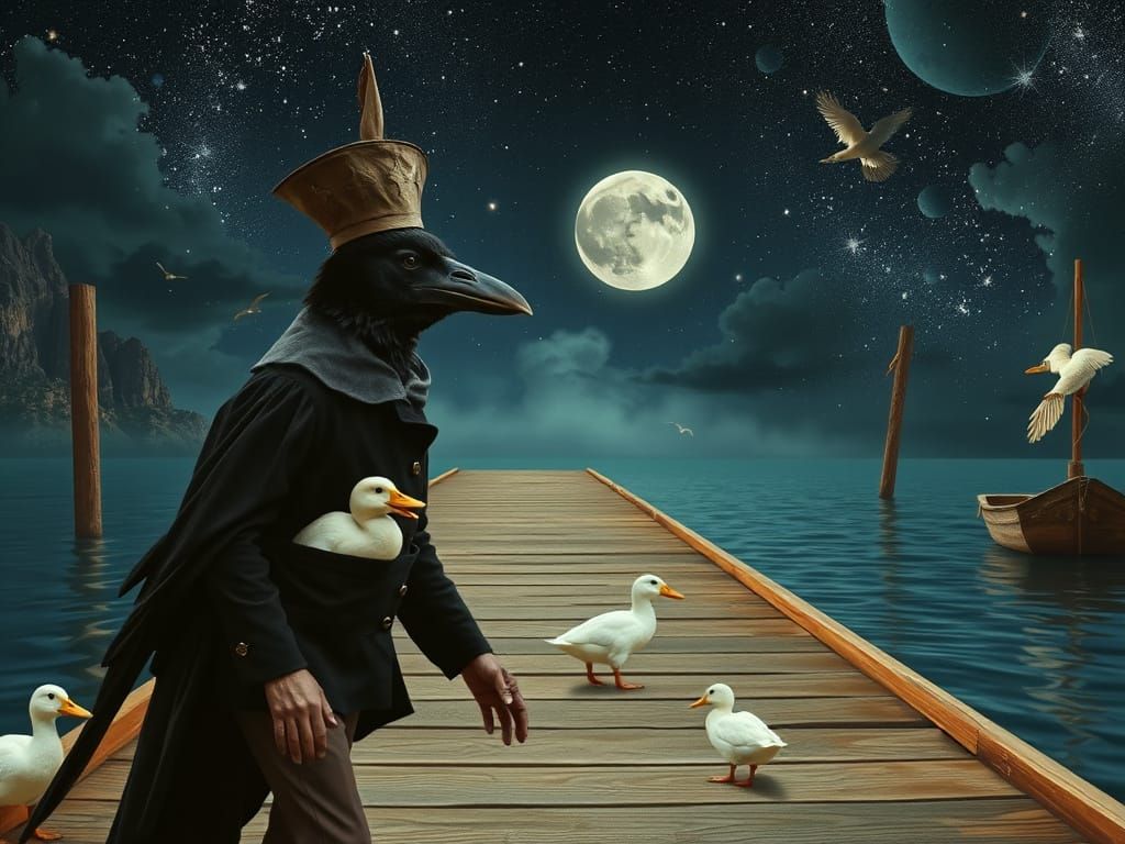Nightmarish Raven Fisherman on Mediterranean Pier