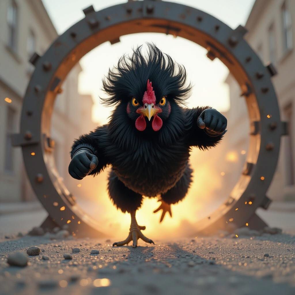 Armored Rooster Fighter Leaps from Explosive Sewer