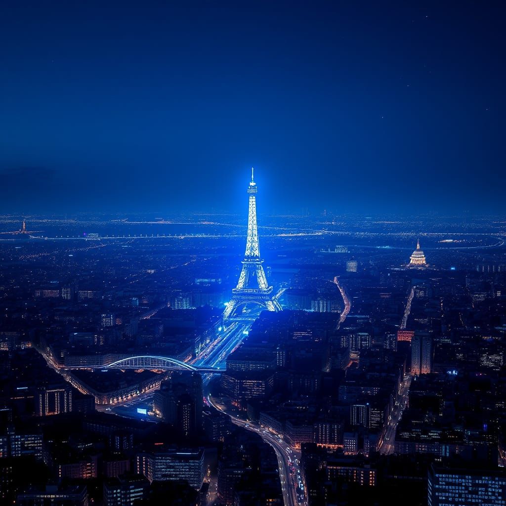 Parisian Nightscape in Glowing Binary Code