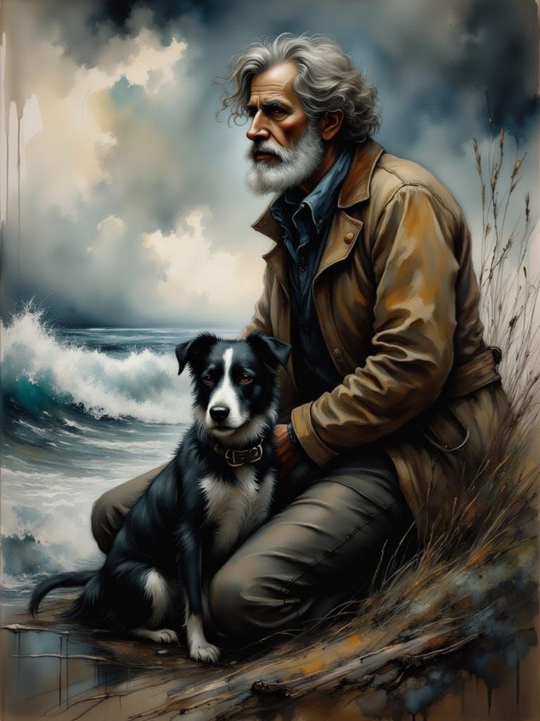Old Fisherman and Dog Silhouetted Against Stormy Sea