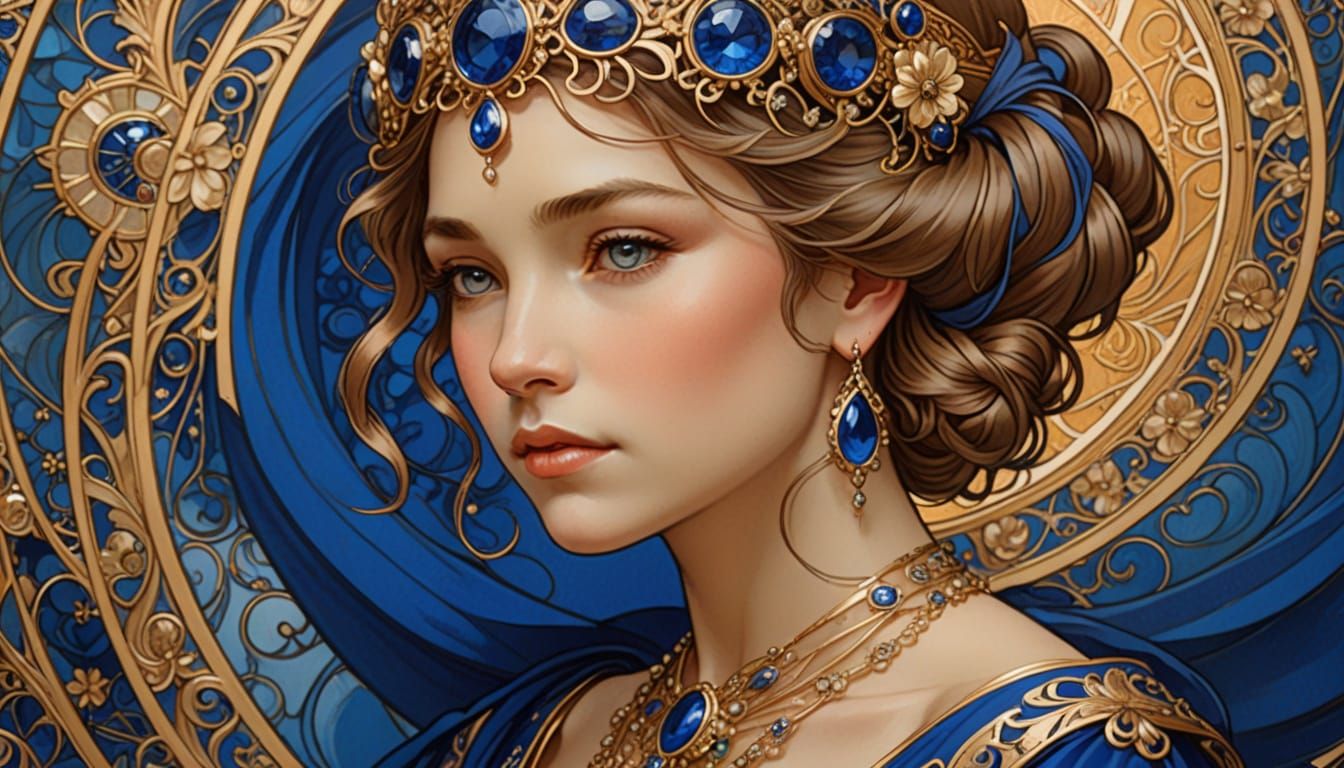 Art Nouveau Woman in Royal Blue Dress