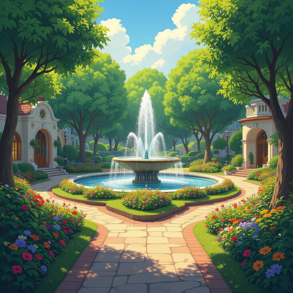 Tranquil Triangular Park with Fountain, Miyazaki Style