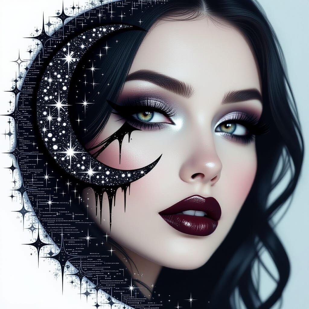 Goth Lady Double Exposure Portrait with Cosmic Moon