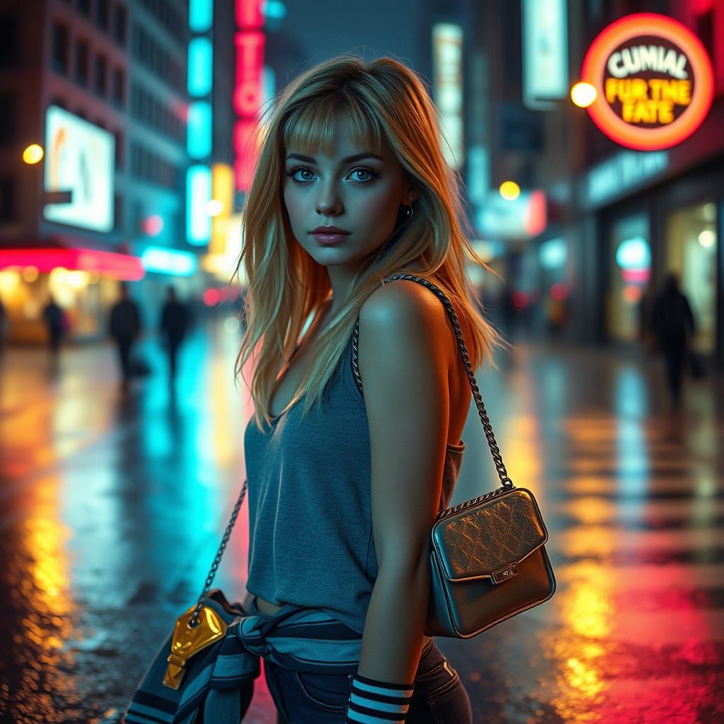 Girl with Red Mascara in Cyberpunk Cityscape