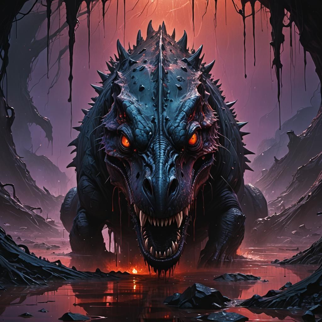 Jurassic Raptor Drowning in Tar, Dark Fantasy Concept Art