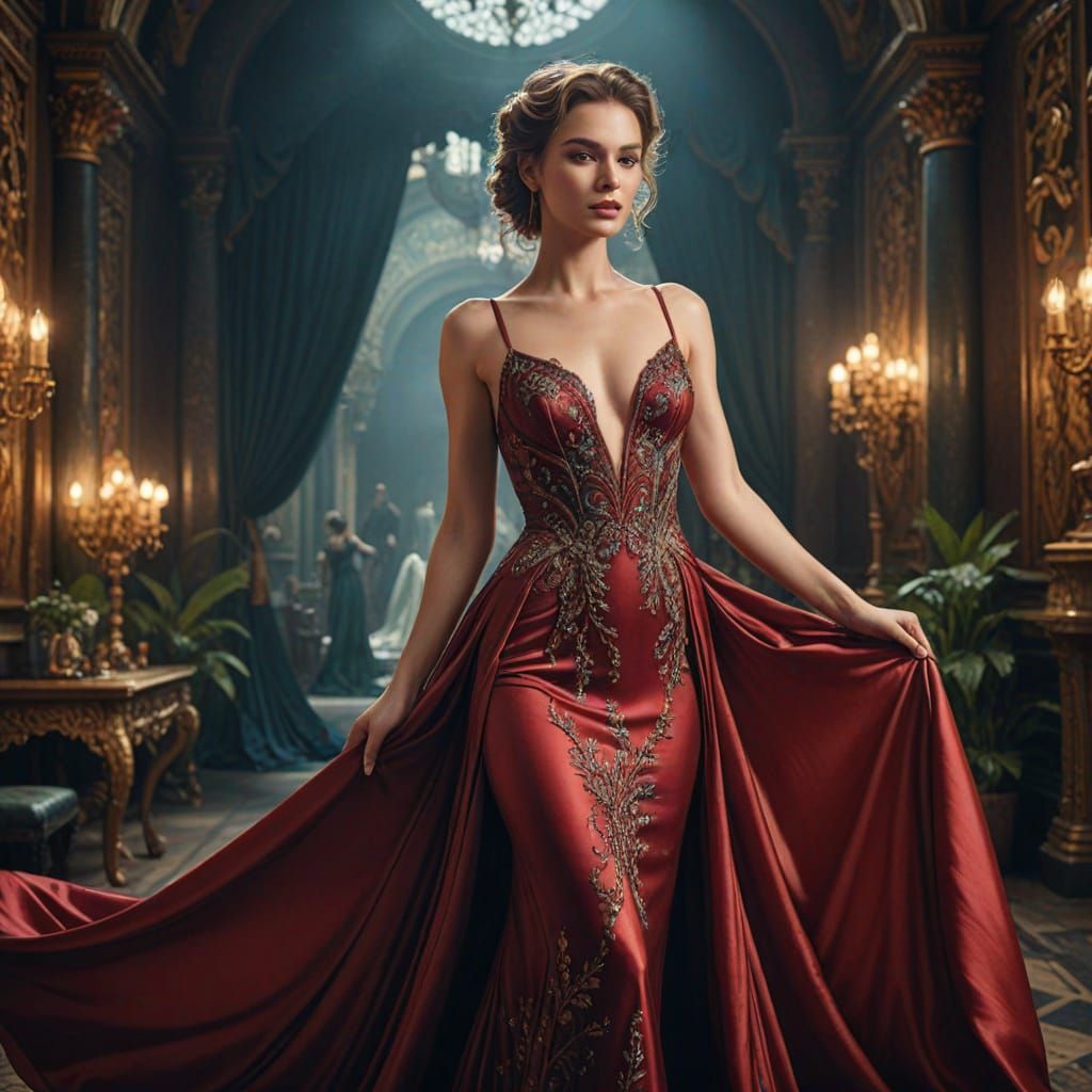 Supermodel in Flowing Gown: Vintage Fashion Photograph