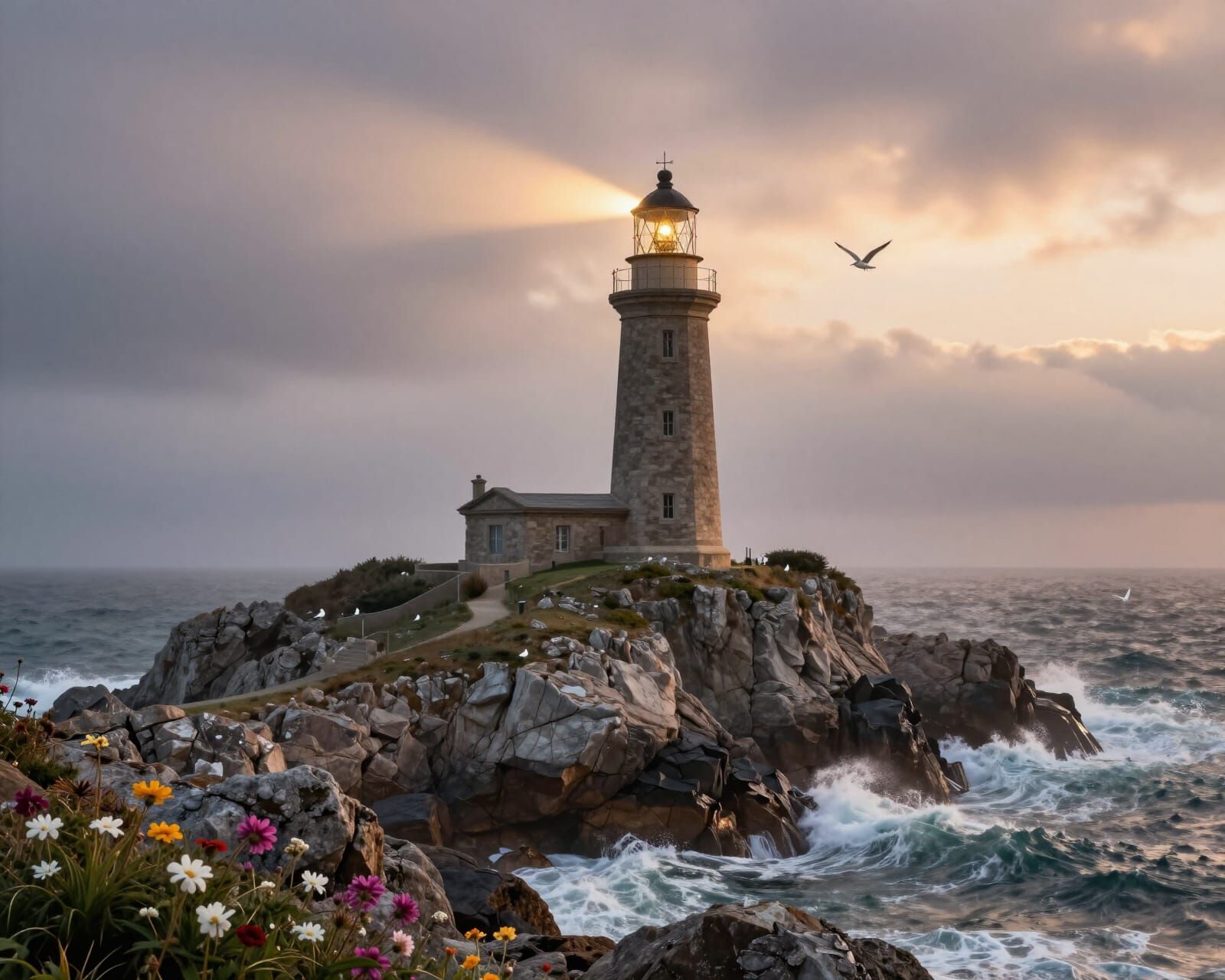 Stone Lighthouse on Foggy Cliff at Sunset, Dramatic Style