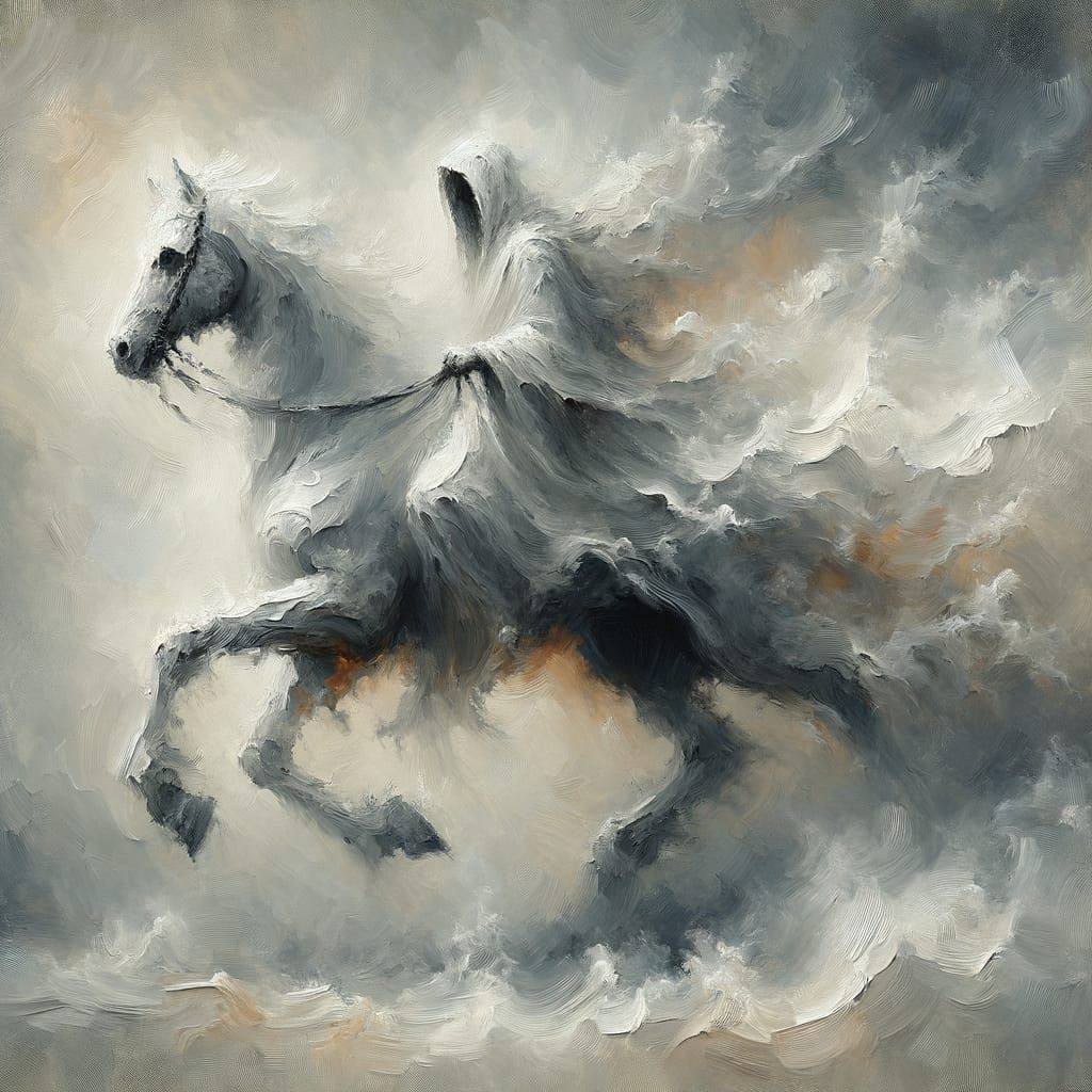Spectral Rider Emerges From Textured Mist in Oil Painting St...