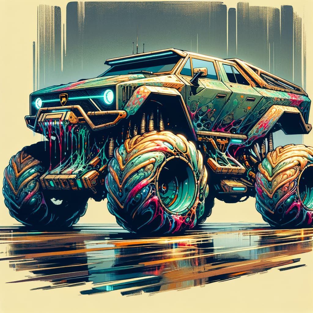 Gelatinous Lamborghini Monster Truck in Cyberpunk Style