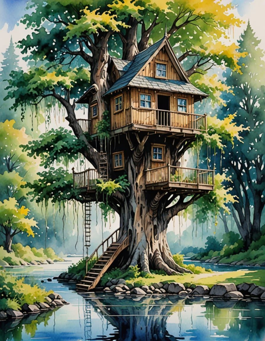 Enchanted Watercolor Fusion of Tree House and Ancient Weepin...