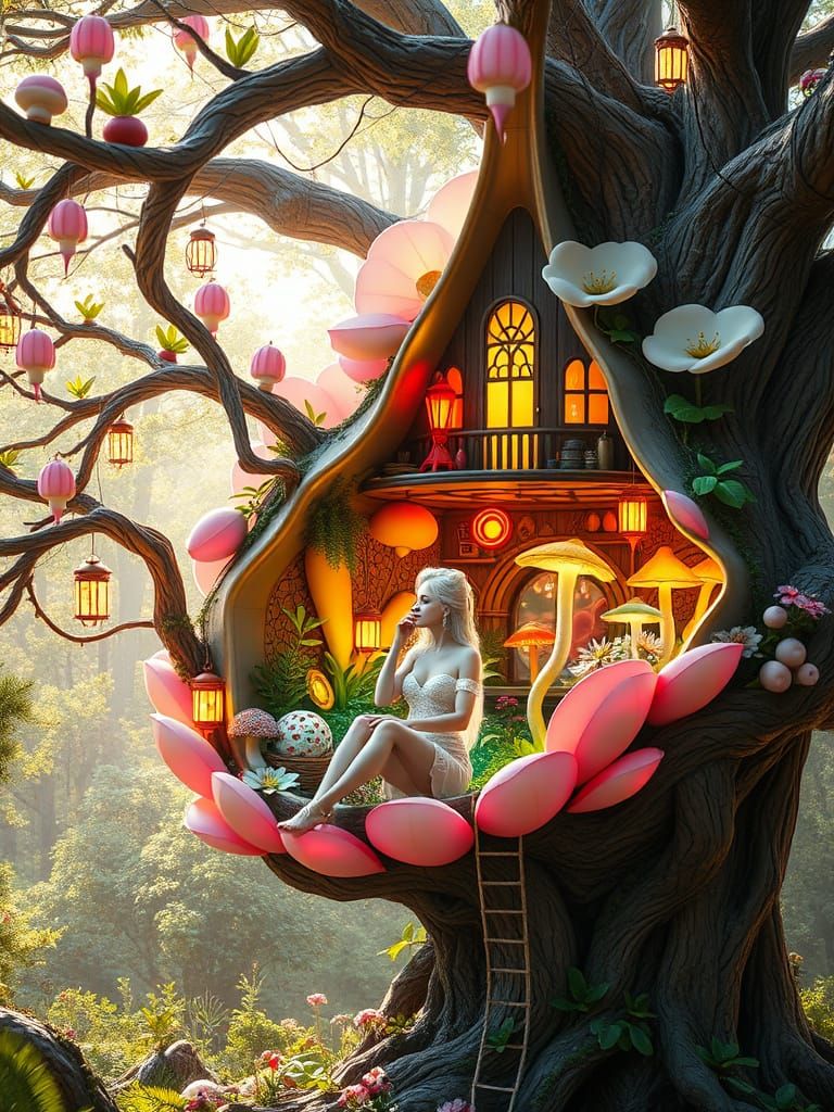 Surreal Kitchen Utensil Woman in Whimsical Flower Treehouse ...