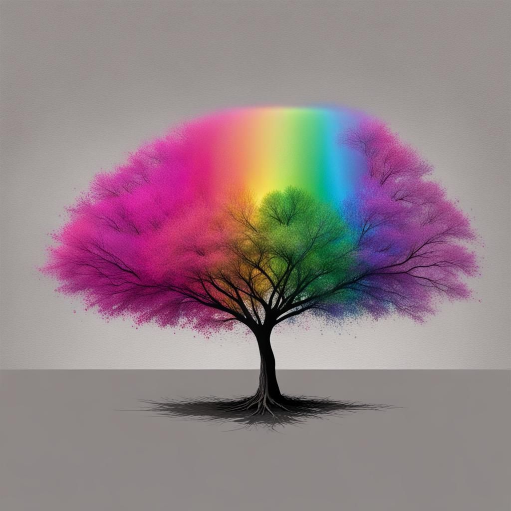 Magenta Rainbow Tree in Grey Landscape