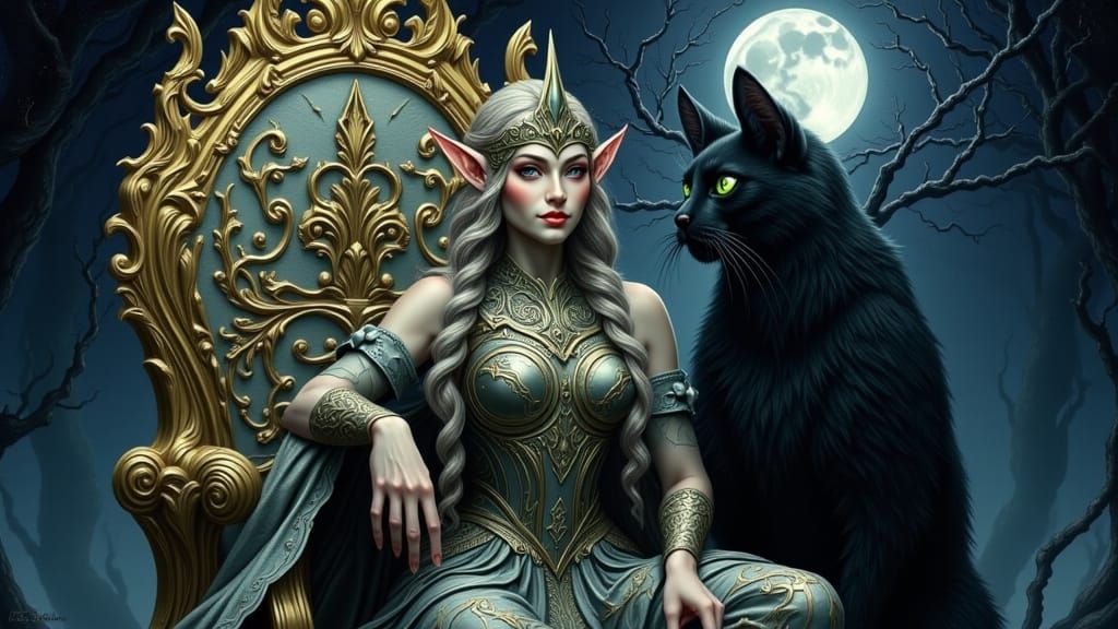 Elven Queen and Giant Black Cat in Ethereal Style