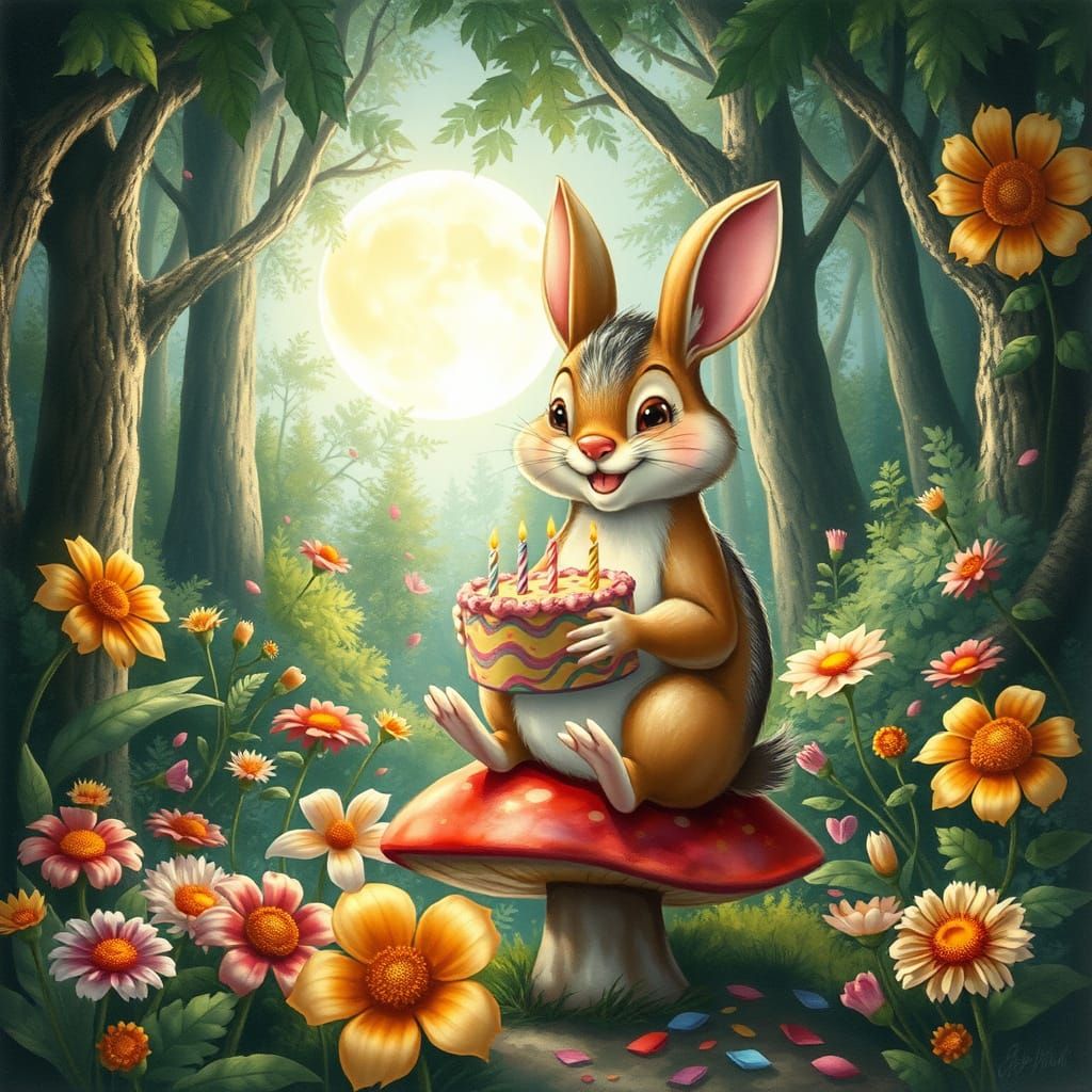 Whimsical Woodland Creature Celebrates Birthday in Vibrant C...