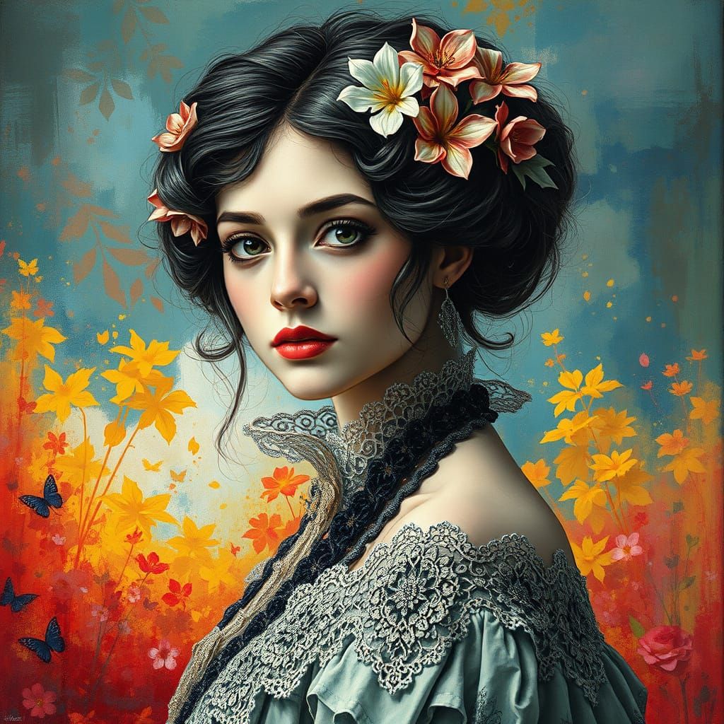 Victorian Woman Portrait in Gouache and Watercolor Style