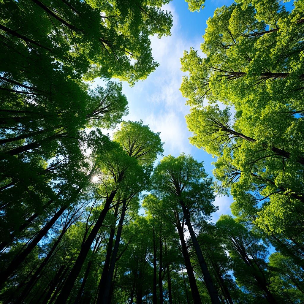 Towering Forest Canopy in Brilliant Blue Light