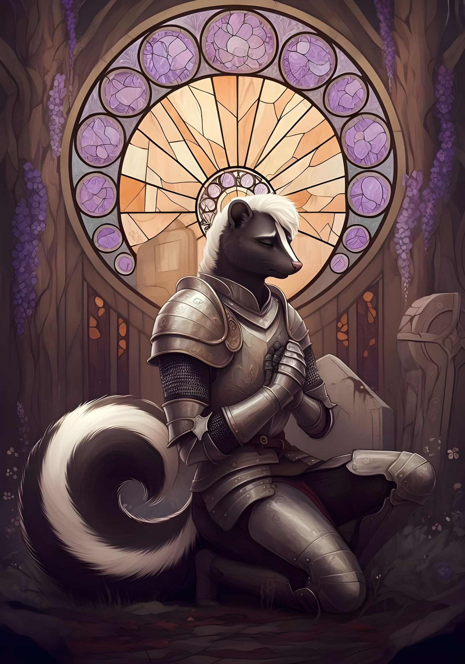 Stained Glass Skunk Knight Mourns Companion