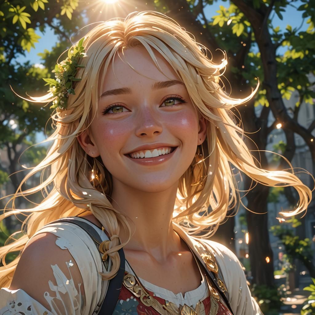 Blonde Girl Smiling in Summer Weather, Anime Art