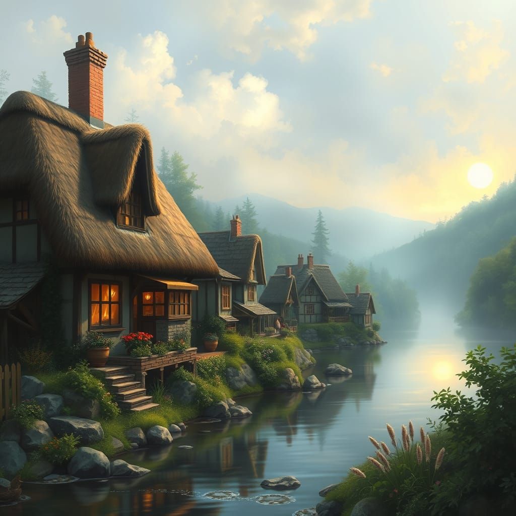 Whimsical Village by a Serene River in a Misty Fantasy Lands...