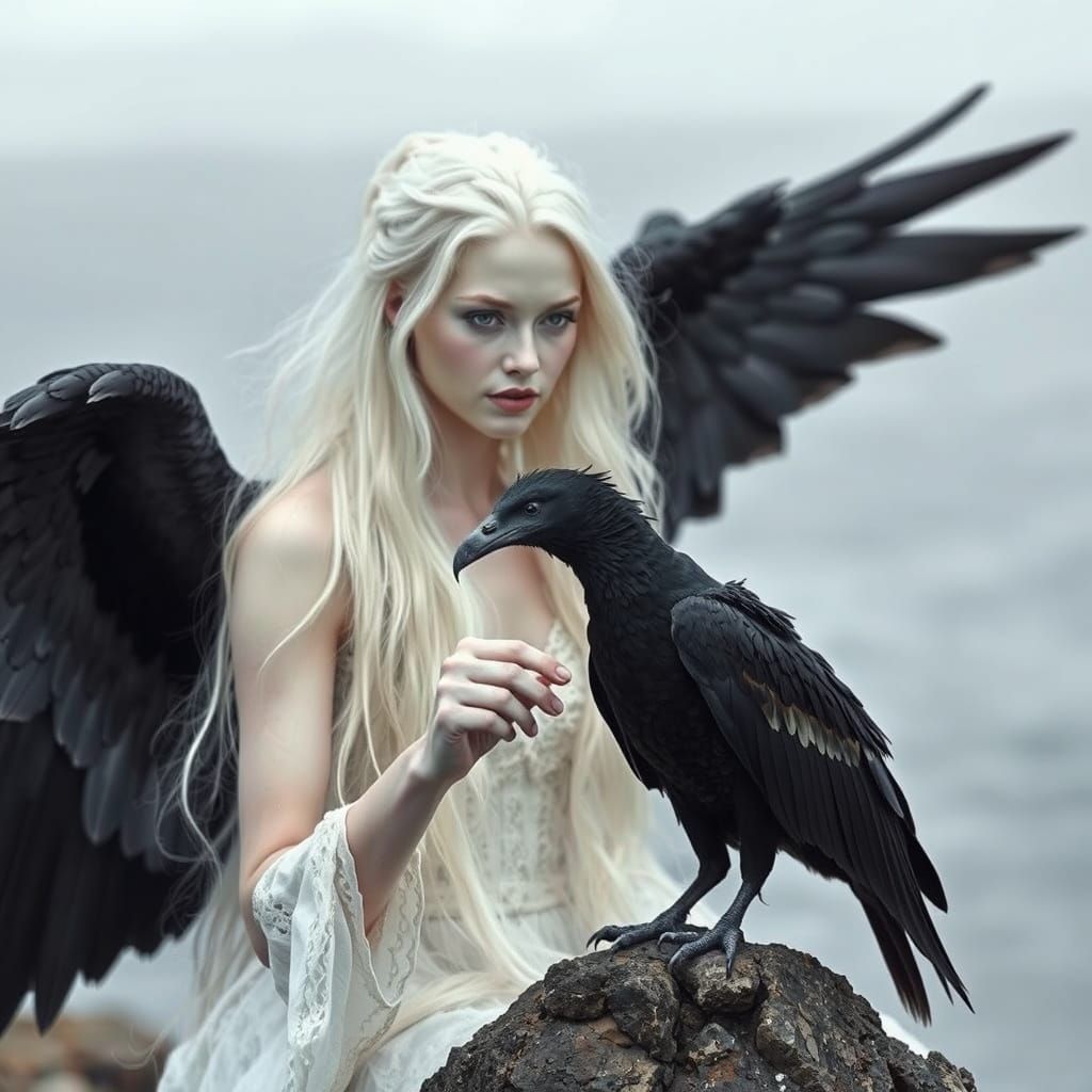 Archangel and Mermaid in Stormy Ocean Portrait