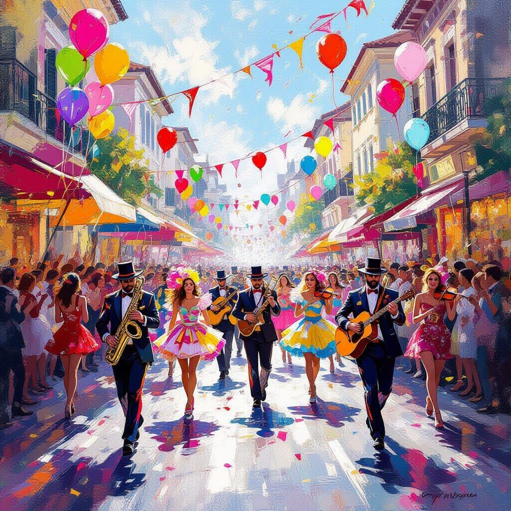 Vibrant Street Carnival Painting in Impressionistic Style