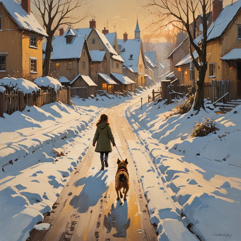 Girl and Dog in Snowy Village Oil Painting