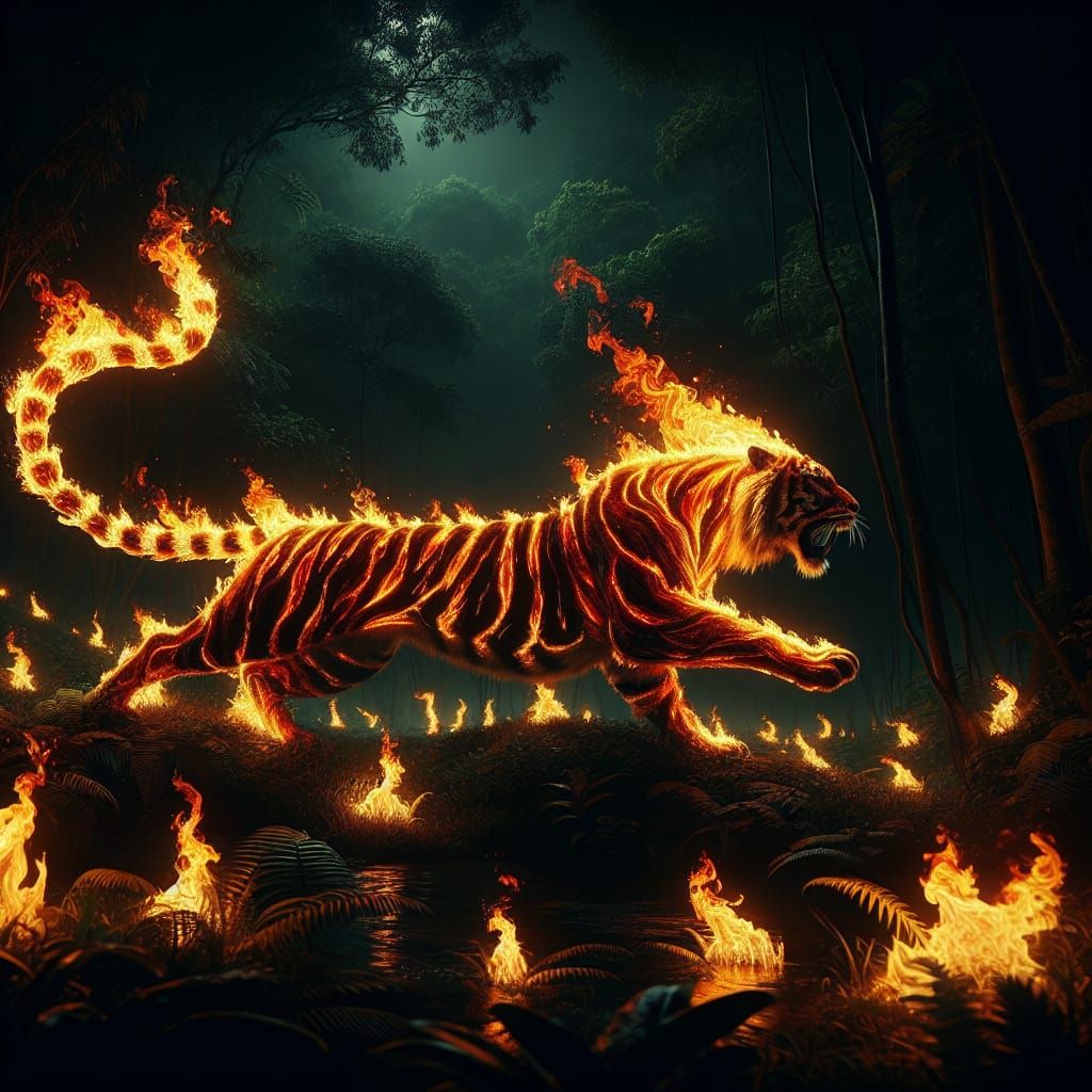 Fiery Tiger Galloping Through the Jungle Night