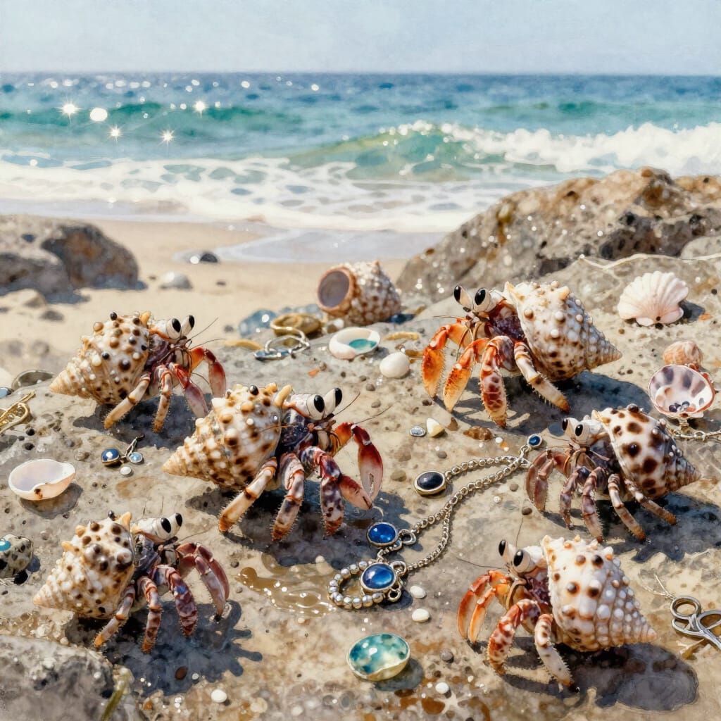 Hermit Crabs Discover Jewelry on Ocean Shore in Watercolor S...