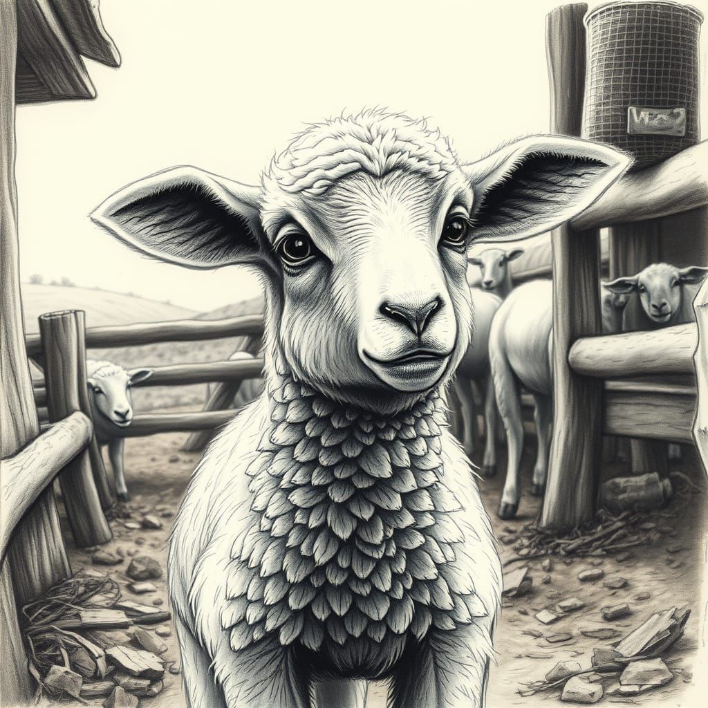 Nervous Lamb in Rustic Farm, Charcoal Drawing