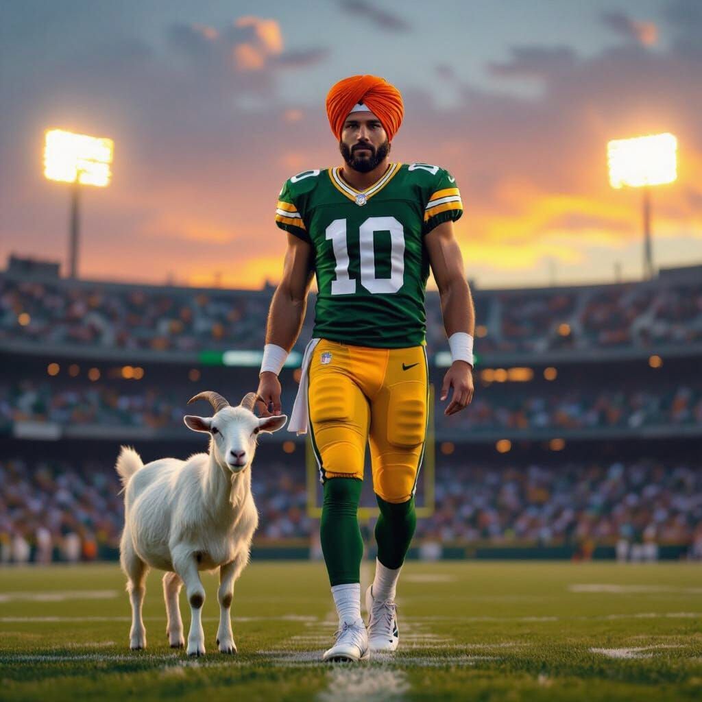 Jordan Love in Turban Walks Goat on Football Field
