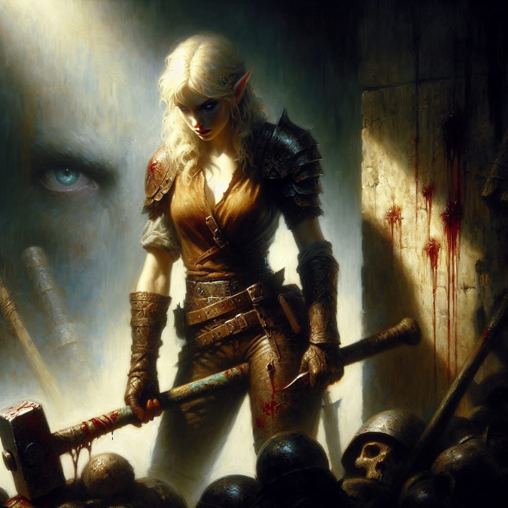 Resolute Elf Warrior in Dark, Ominous Landscape