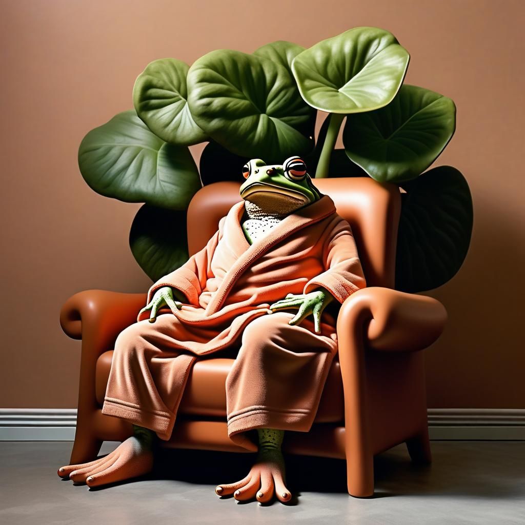 Terracotta Toad Planter in Bathrobe on Couch