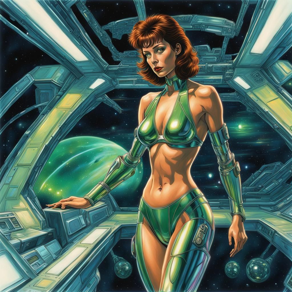 Retro Sci-Fi Gynoid in Spaceship, Sorayama Style