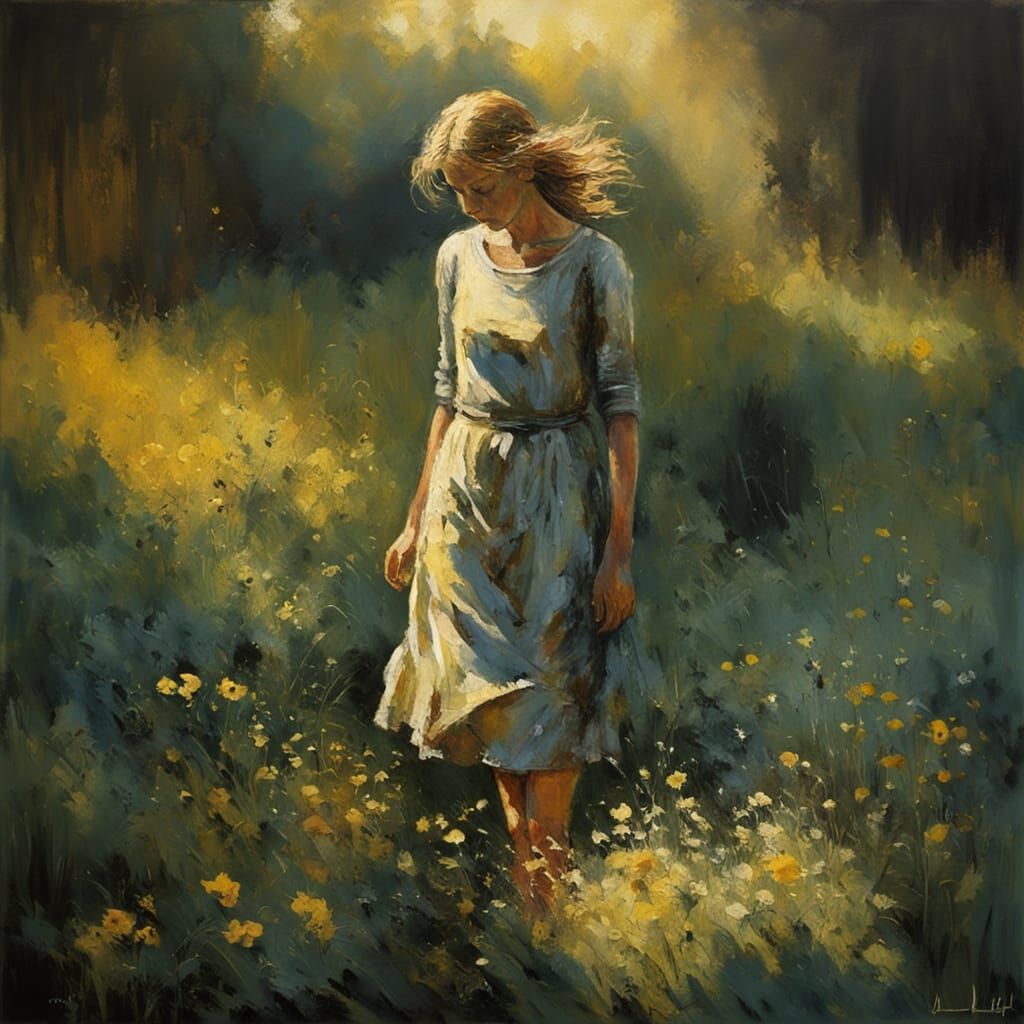 Lone Figure in Sunlit Meadow Expressionist Impasto Painting