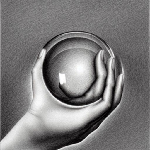 Hand Holding Glass Ball in Escher-Style Drawing