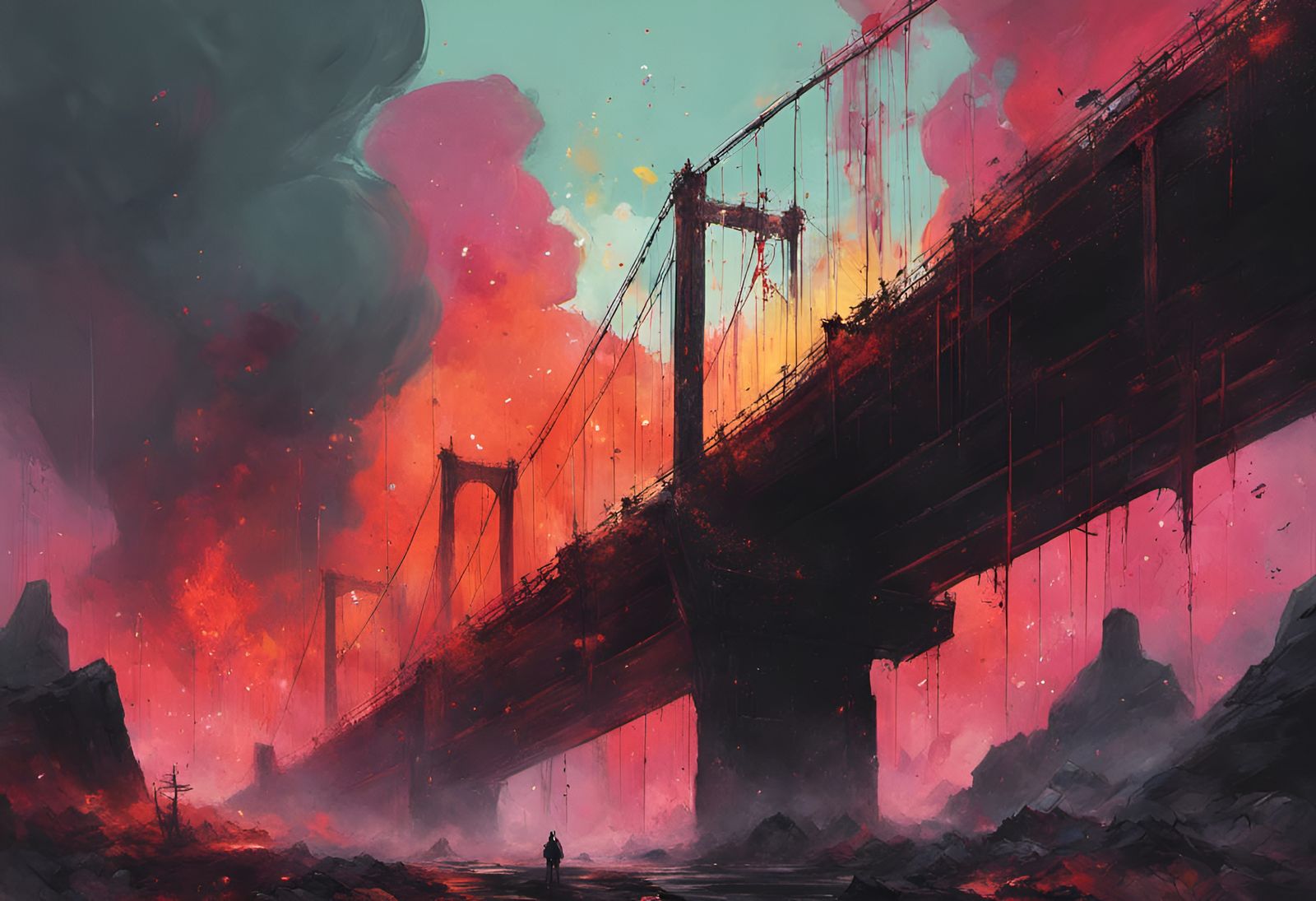 Fiery Suspension Bridge in Retrofuturistic Style