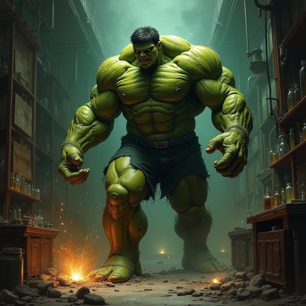 Hulk Transformation in Gothic Lab as Brushed Oils Painting