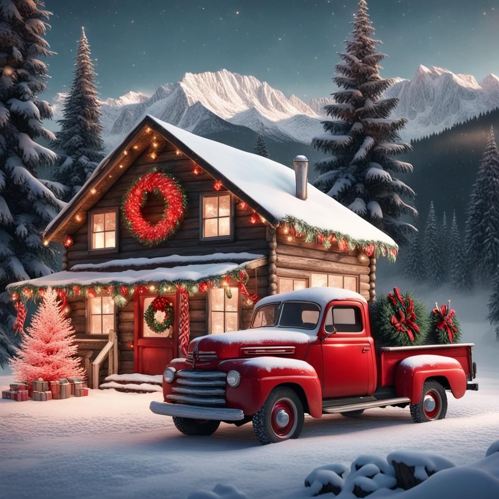 Christmas Cabin with Vintage Truck in Winter Wonderland