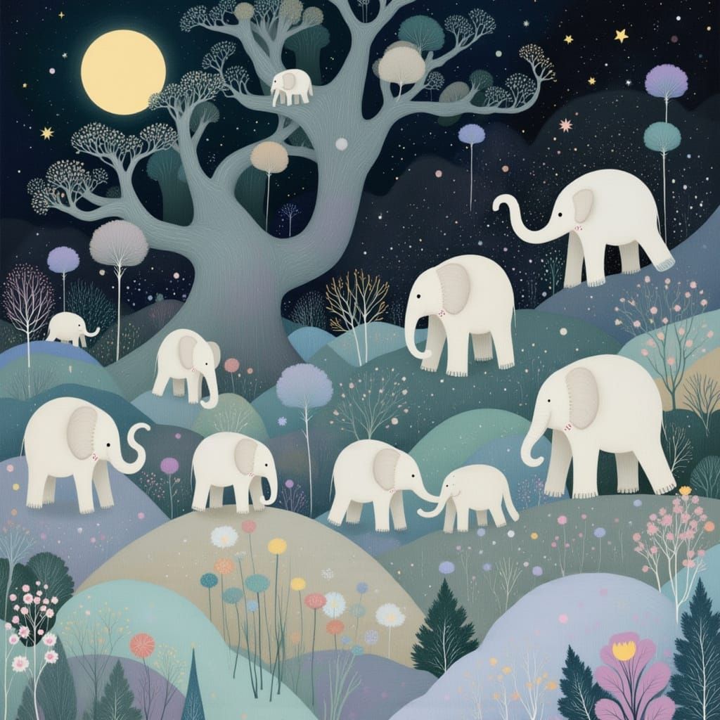 Surreal Dreamscape with Floating Elephants in Moonlight