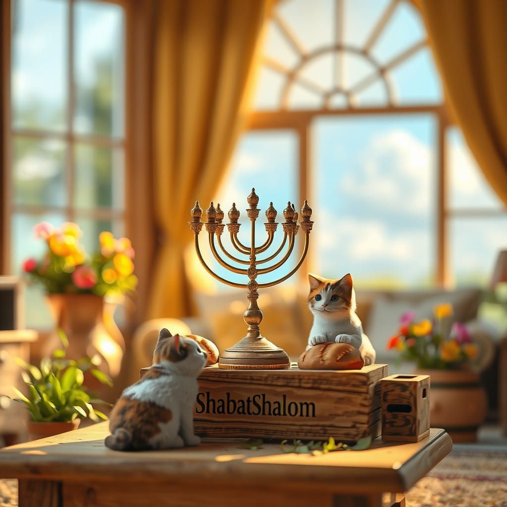Whimsical Cats in a Cozy Countryside Setting with Menorah an...