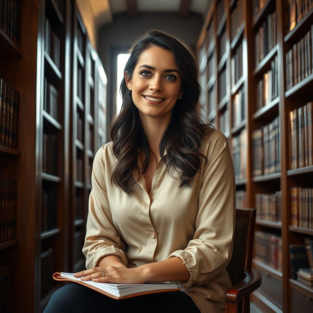 Warm Portrait of a Spanish Woman in a Cozy University Office