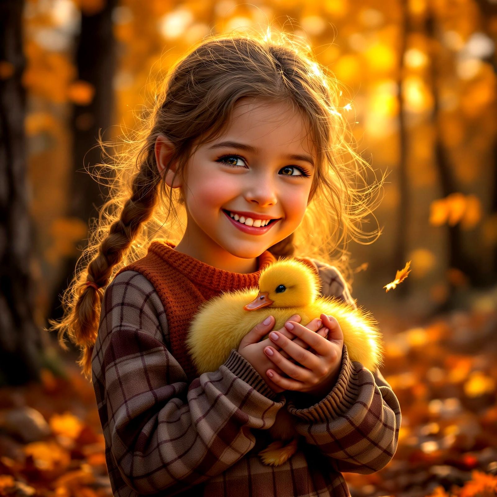 Young Girl with Duckling in Autumn Sunset