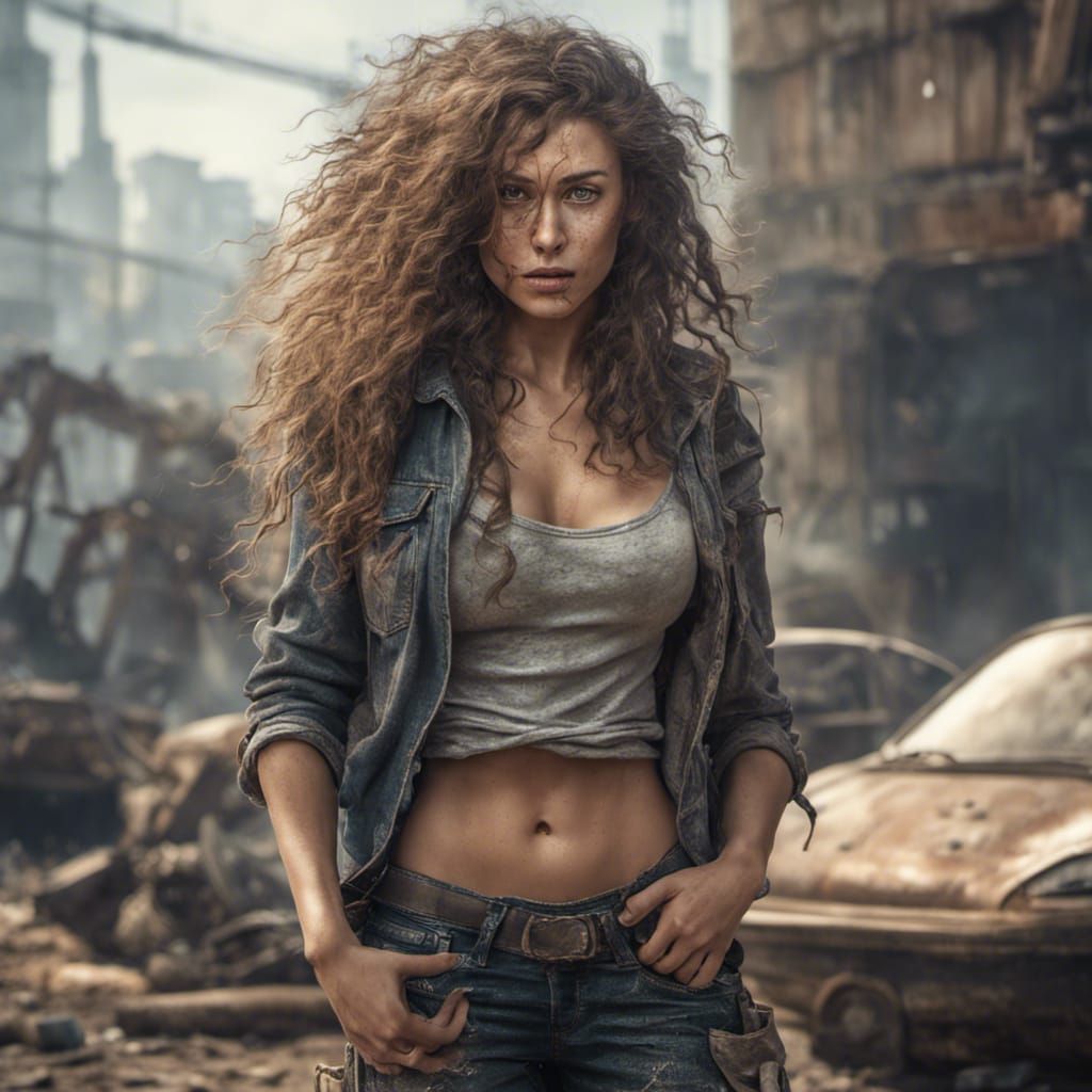 Post-Apocalyptic Woman with Curly Hair in 8k