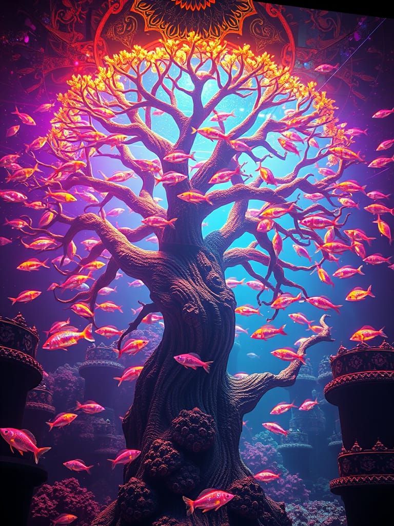 Gilded Tree Aquarium With Bioluminescent Fish