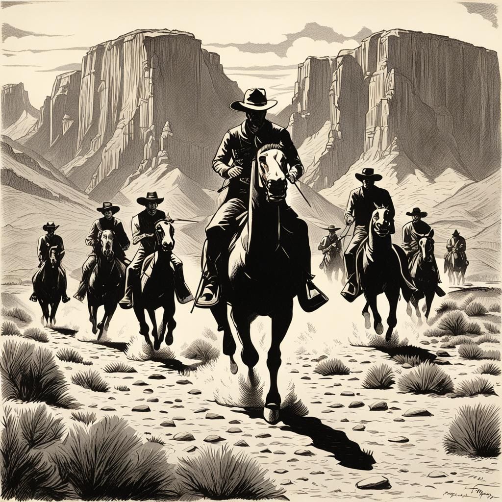 Magnificent Seven Scene in Rockwell Kent Style