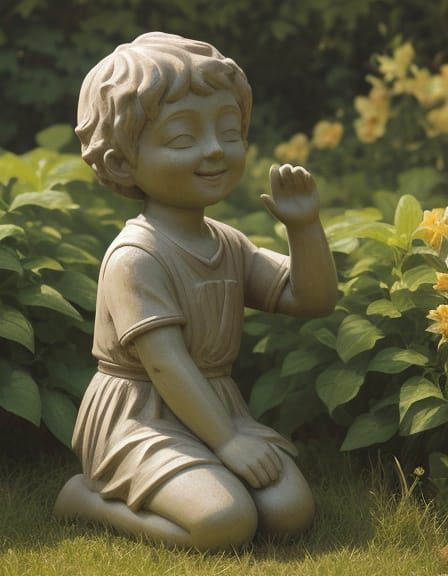 Clay Statue of Kneeling Boy in Sunlit Garden